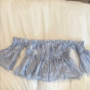 AKIRA Blue and White Striped Off-Shoulder Top